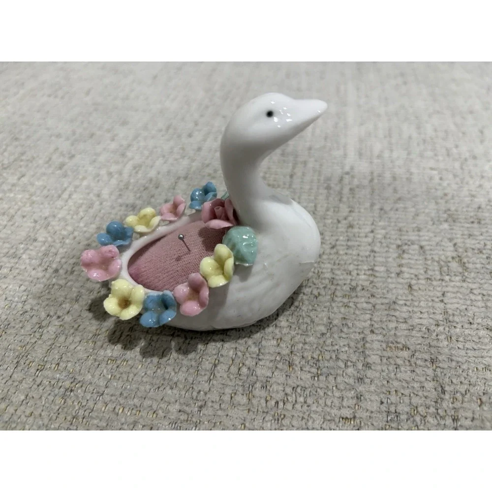 Vintage Bone China Swan Pin Cushion Floral - Picture 1 of 4